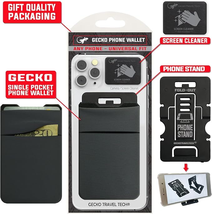 Gecko Travel Tech Double Pocket - Adhesive Card Holder - Cell Phone Pouch - Stick on Spandex Pocket - Carry Credit Cards and Cash (GRAY-BLANK-) - Image 5