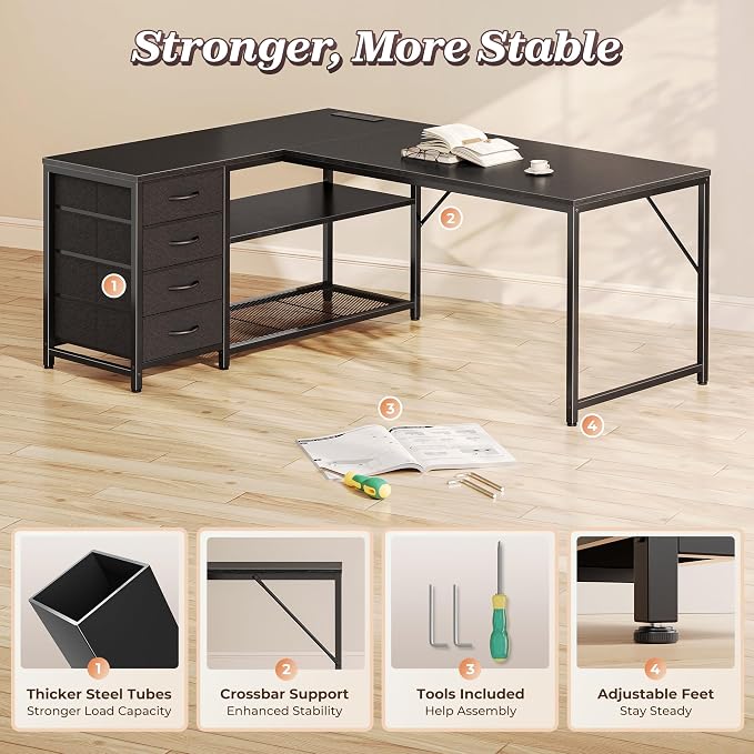 PRAISUN 53" L Shaped Desk with Power Outlets & USB-C Port, Reversible Computer Corner Office Desk with 4 Fabric Drawers and 2 Storage Shelves, Large Desk for Gaming Writing Work Study, Black - Image 8