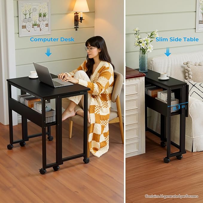 GreenForest Folding Desk with Wheels, 24.8" Rolling Table for Small Spaces | Storage Shelf, Lockable Casters, Compact Portable Workstation, Space-Saving Foldable Sofa Table, Home Office, Mobile, Black - Image 6