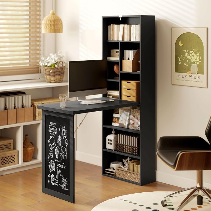 HOMCOM Foldable Convertible Writing Table, Wall Mounted Space-Saving Computer Desk with Chalkboard and Storage Shelves for Small Spaces, Home Office, Bedroom, Dorm, Apartment, Black - Image 8