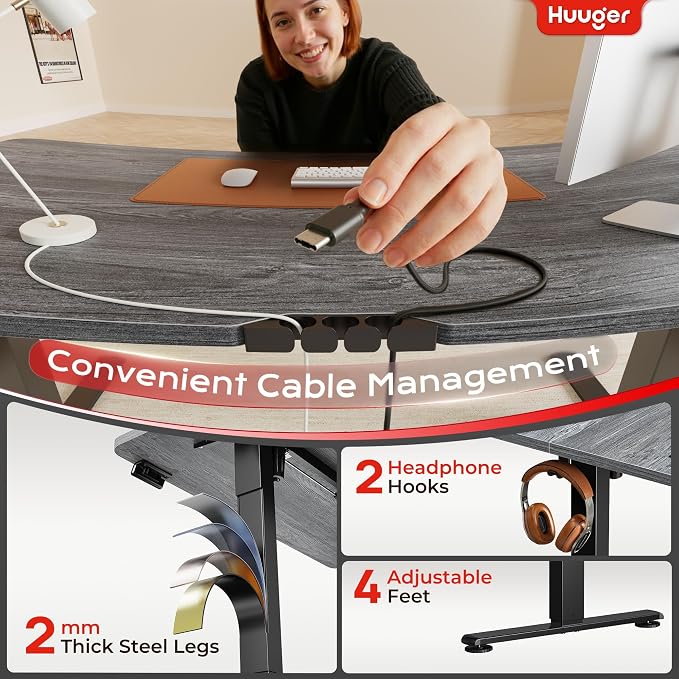 Huuger Electric Standing Desk with Power Outlets and USB-C Port, 55 X 24 Inch Height Adjustable Desk, Sit Stand Desk for Home Office, Computer & Gaming Desk with 4 Presets, Stable Steel Frame, Grey - Image 6