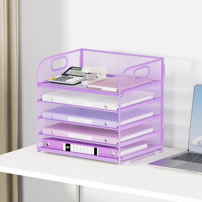 Lavatino Desk Letter Tray Paper Organizer, 5-Tier with Handle Metal Mesh Desktop File Organizer Paper Holder for Classroom Office Desk Accessories- Purple - Image 6