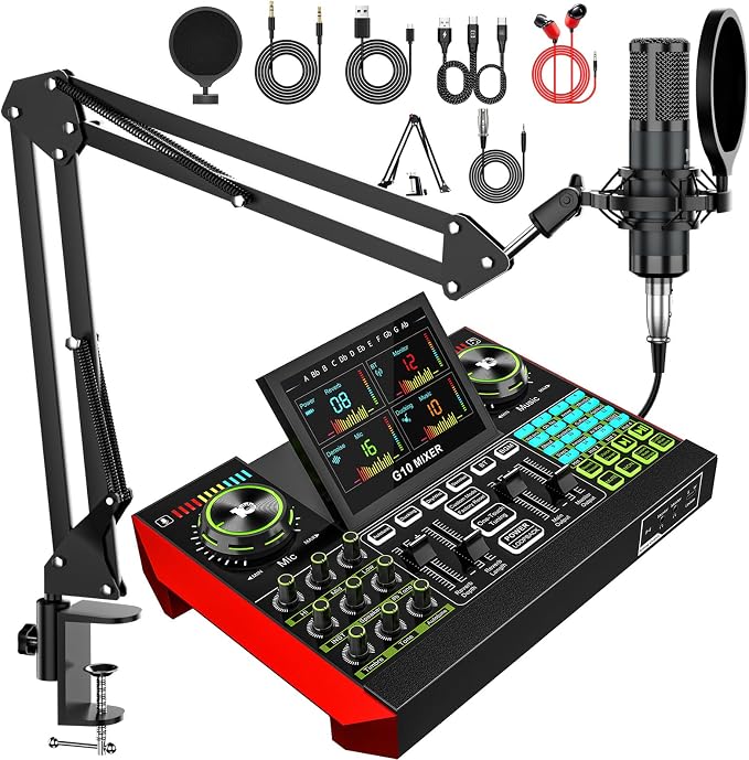 Podcast Microphone Bundle with Live Sound Board Audio Mixer, Podcast Equipment Bundle with 3.5mm Boom Mic(P15) for Pc/Phone Live Streaming Singing Gaming, Voice Changer, Denoise by tenlamp