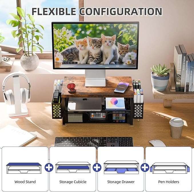 Simple Trending 2-Tier Wood Monitor Stand with Drawer & 2 Pen Holders | 20"W x 10"D x 5.8"H. Wood + metal frame, holds 100 lbs. 2-tier + drawer + pen holder. Non-slip base. Easy assembly. - Image 2