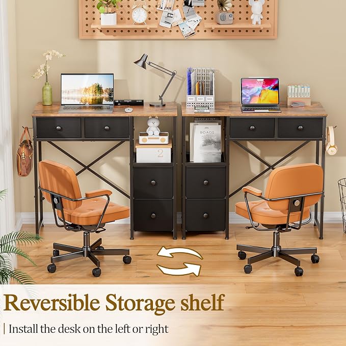 3IngSeagulls Small Computer Desk with 4 Fabric Drawers, Simple Writing Desk for Home Office, Compact Study Desks for Small Spaces, Kids Desk Study for Bedroom, Rustic Brown - Image 4