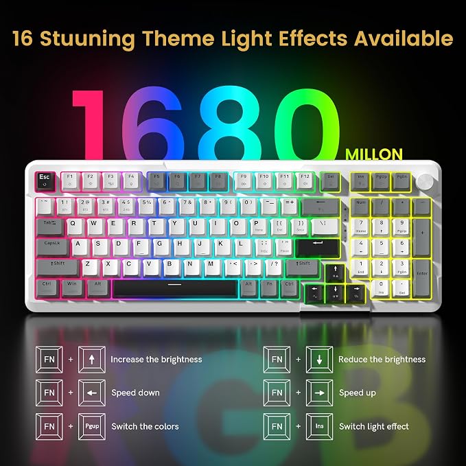 Redragon K742 Wireless Mechanical Gaming Keyboard with Knob, Bluetooth 5.0/2.4GHz/USB C Wired Creamy Keyboard with Number Pad for PC Computer, RGB Backlits, Hot-Swappable with Linear Switches (White) - Image 7