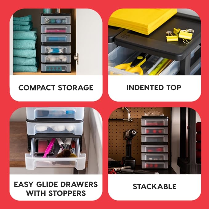IRIS USA 2-Pack, 3-Drawer Medium Plastic Stacking Desktop Organizer, Black | Organize office supplies, stationery, makeup, craft materials and everyday essentials for neat desktop storage - Image 4
