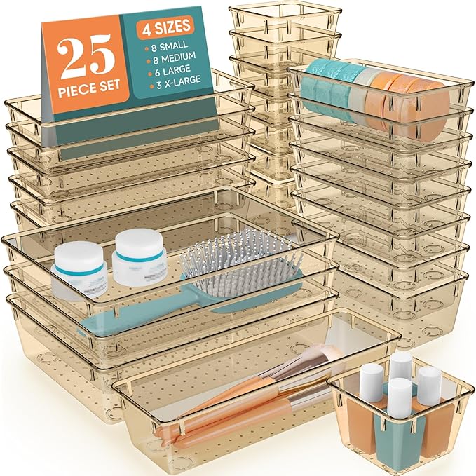 WOWBOX 25 PCS Plastic Drawer Organizer Set, 4 Sizes Desk Drawer Divider Organizers and Storage Bins for Makeup, Jewelry, Gadgets for Kitchen, Bedroom, Bathroom, Office, Clear Champagne by WOWBOX