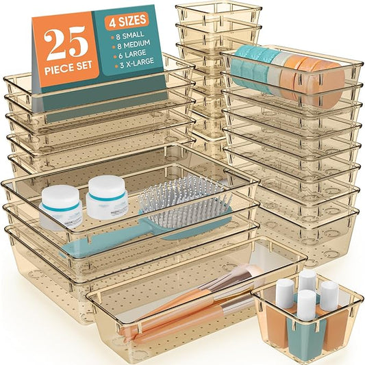 WOWBOX 25 PCS Plastic Drawer Organizer Set, 4 Sizes Desk Drawer Divider Organizers and Storage Bins for Makeup, Jewelry, Gadgets for Kitchen, Bedroom, Bathroom, Office, Clear Champagne by WOWBOX
