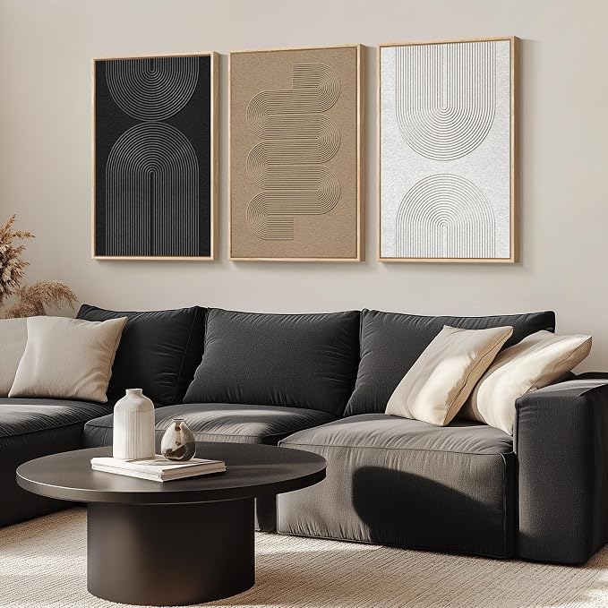 Large Framed Boho Modern Neutral Abstract Wall Art for Living Room, 3 Piece Black and White Canvas Prints Paintings Artwork for Walls, Geometric Pictures for Office Bedroom Dining Room Decor, 24x36 In - Image 2