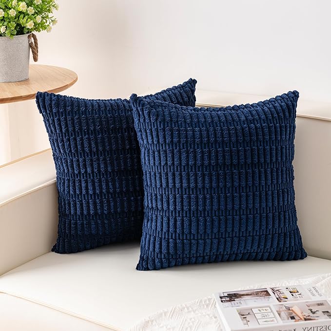 Aegero Pack of 2 Corduroy Decorative Throw Pillow Covers 18x18 InchSoft Boho Striped Pillow Covers Modern Farmhouse Home Decor for Sofa Living Room Couch Bed（Blue） by Unknown