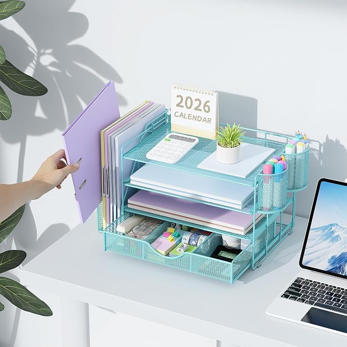 gianotter Desk Organizers and Accessories with File Holder, 4-Tier Desk Accessories & Workspace Organizers with Drawer and 2 Pen Holder, Paper Organizer for Office Supplies (Blue) - Image 6