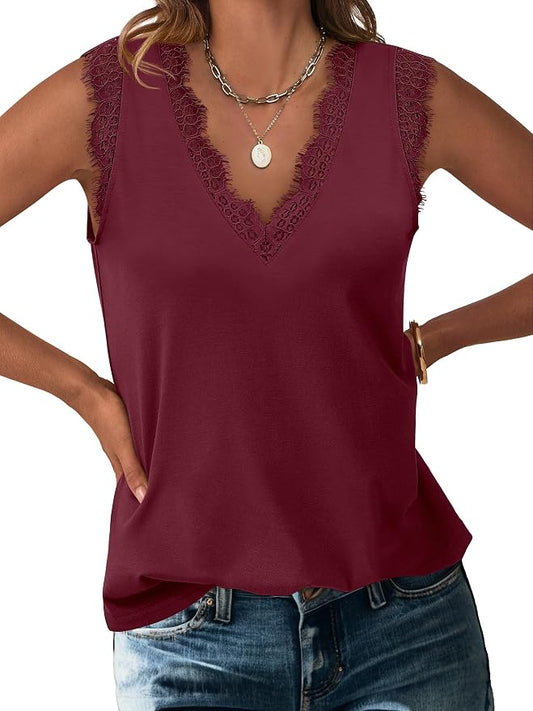 ANRABESS Womens Lace Trim Tank Tops V Neck Sleeveless Shirts 2026 Summer Casual Trendy Dressy Cami Top by ANRABESS