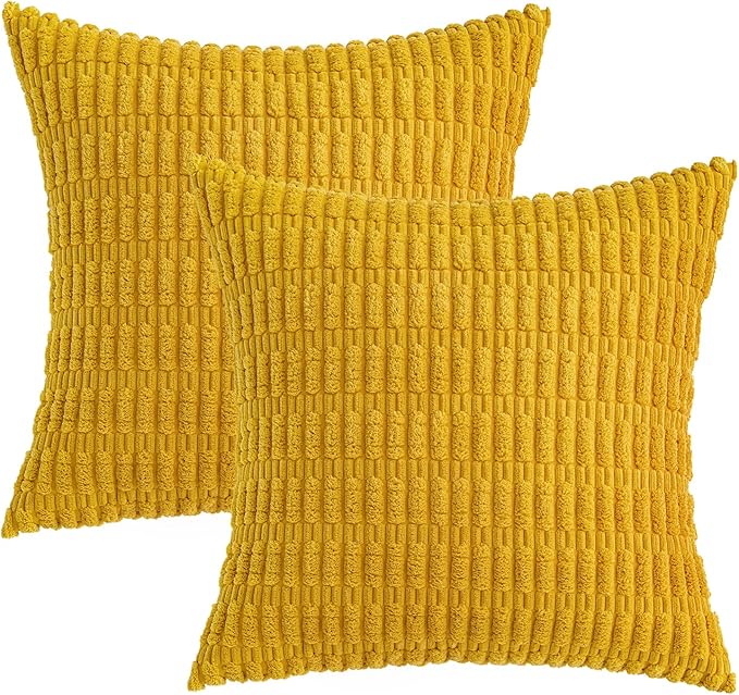 MIULEE Pack of 2 Corduroy Decorative Throw Pillow Covers 18x18 Inch Soft Boho Striped Pillow Covers Modern Farmhouse Home Decor for Summer Sofa Living Room Couch Bed Mustard Yellow - Image 6