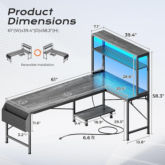 PRAISUN L Shaped Gaming Desk with LED Lights & Power Outlets, Reversible Computer Desk with Storage Shelves & Bag, Large Corner Home Office Desk with Pegboard for Work from Home, Grey - Image 2