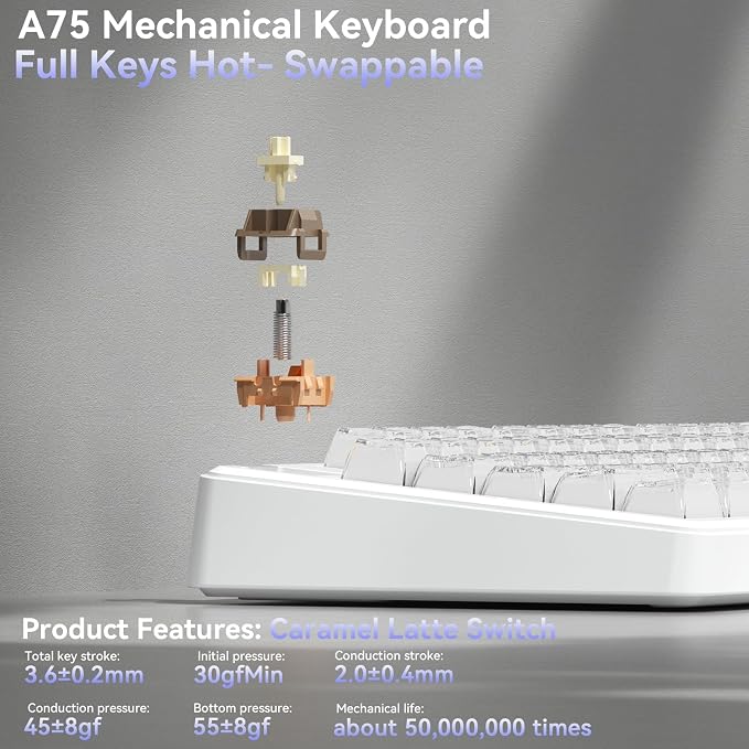 SOLAKAKA A75 Wireless Gaming Keyboard with Multifunction Knob, BT5.0/2.4GHz/USB-C, 75% Mechanical Keyboard, Hot-Swappable, Gasket Creamy Keyboard with RGB Backlit, Crystal Keycaps, for PC/Mac/PC - Image 5