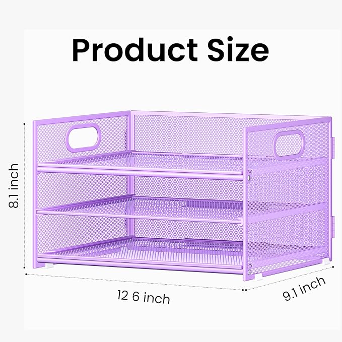 Subekyu 2-Pack 3-Tier Purple Metal Mesh Desk Paper Letter Tray & File Sorter Organizer with Handle + 1 Sliding Tray for Desk, Home, Office, School Supplies, A4 Paper and Accessories Storage - Image 5
