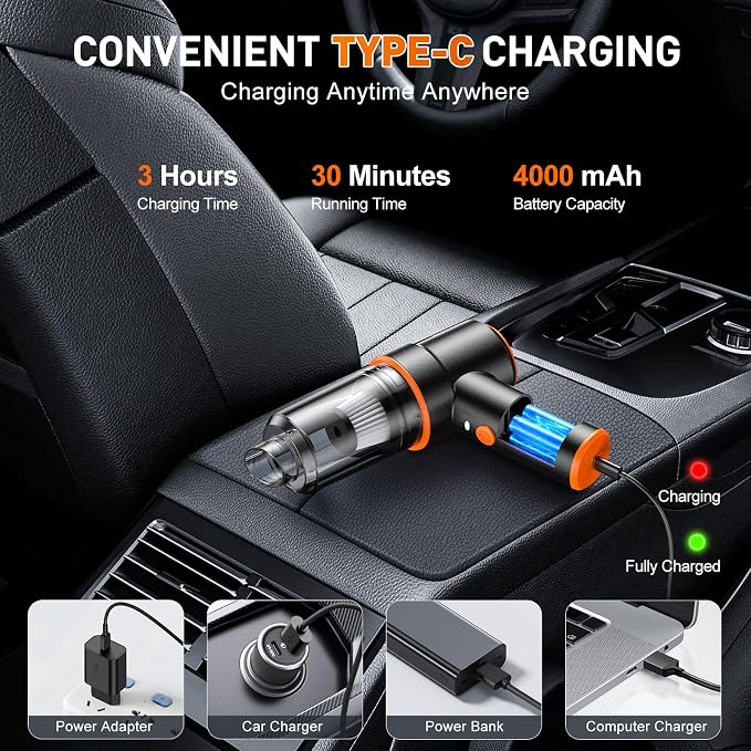 KMM Handheld Car Vacuum Cleaner, 11000PA Vacuum Cleaner & Air Duster, 120W High Power Vacuum Portable Cordless, Hand Held Vacuum Rechargeable with Multi-Nozzles & LED Light for Home, Car, Office - Image 4