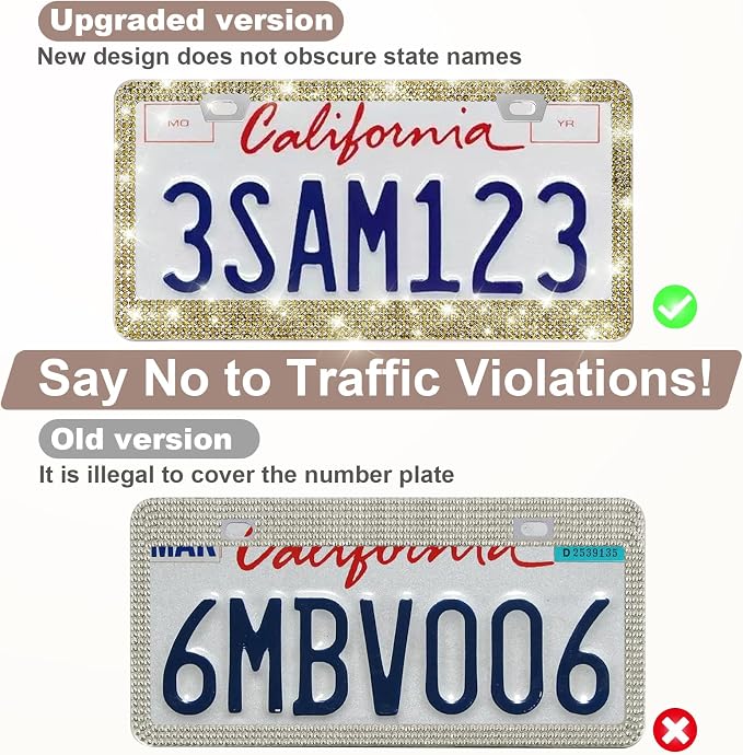QUANQIUFEI 2 Pack Bling License Plate Frames for Women, Sparkly Rhinestone Diamond Car Accessories with Glitter Crystal Caps (Gold) - Image 2