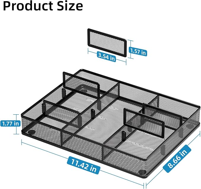 Marbrasse 2Pack Desk Drawer Organizer, Metal Mesh Drawer Organizer Tray with 5 Adjustable Compartments,Desk Organizers and Accessories for Home,Office,Kitchen,Makeup,Vanity (Black) - Image 2
