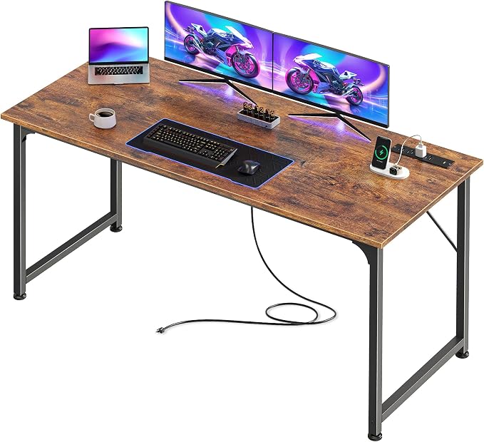 PRAISUN 55 X 20 Inch Computer Desk, Power Outlets, USB-C, Rustic Brown | Office Desk with 4 AC Outlets, USB & USB-C, Sturdy Metal Frame, Spacious Desktop for Work, Writing, Study & Gaming by PRAISUN