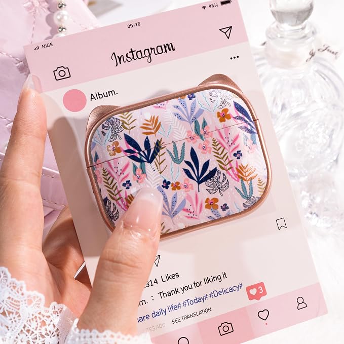 for AirPods Pro 2 Case with Cleaning Kit, Cute Cat Ear Print Design & Cute Buckle for Girls, Phone Holder & Top Safe Lock Buckle Design for AirPods Pro 2nd/1st Gen case, Rose Gold Leaves - Image 4