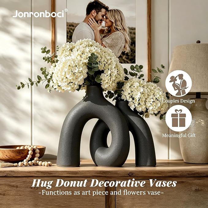 Hug Donut Decorative Vase Set - Dark Gray Modern Minimalism Industrial Style Vases Home Decor, Matte Ceramic Decorations for Living Room Shelf, Bookshelf Mantle Entryway Table or Console Décor(Gray) - Image 2