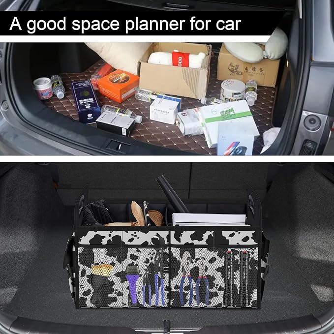 Femuar Car Trunk Organizer,Car Storage Organizer with 72L Large Capacity Waterproof Collapsible and 11 Pockets,Trunk Organizer for Car Suv/Jeep/Sedan, Large Size, Cow print - Image 6