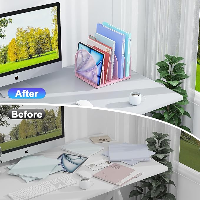 gianotter Desktop File Organizer with 5 Compartments | Desk Organizer Paper Organizer for Desk Workspace Organizers for Office Supplies (Pink, Upright Style) - Image 2
