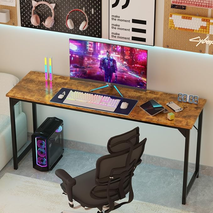 Sweetcrispy 63-Inch Small Computer Desk for Bedroom, Brown | Gaming Writing Work and Study Desk for Home Office, Sturdy Metal Frame and Compact Modern Design with X-Shaped - Image 7
