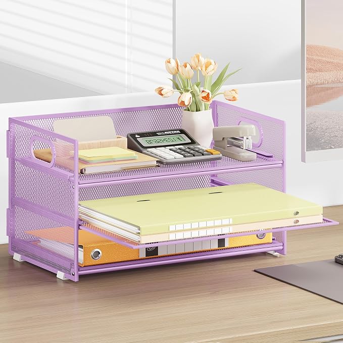 Subekyu 3 Tier Letter Tray Paper Organizer with Handle and 1 PC Sliding Tray, Purple Metal Mesh Desk File Folder Paper Sorter Organizer for Home Office School Desk Supplies Organization Storage - Image 6