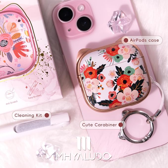for AirPods 4 Case with Cleaning Kit, Cute Cat Ear Print Design & Cute Buckle, Inverted Phone Holder Design, Top Safe Lock Buckle Design, for Girls AirPods 4 case 2024, Rose Gold Flower - Image 7