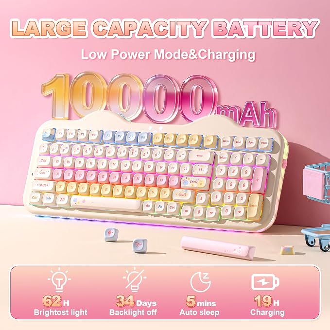 YUNZII C98 Cute Cake Wireless Mechanical Keyboard (Beige, Candy Switch) | 99 Keys with Number Pad, Hot Swap, PBT MOA Keycaps, BT5.0/2.4G/USB-C, Gasket Mount, Custom RGB Backlit for Win/Mac - Image 6