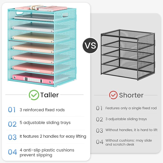 Lavatino 8-Tier Office Desk File Organizer, Letter Tray Paper Organizer with Handle, Including 5 Adjustable Slide Trays for Organizing Desktop Workspace Accessories and Supplies (Blue Metal Mesh) - Image 6