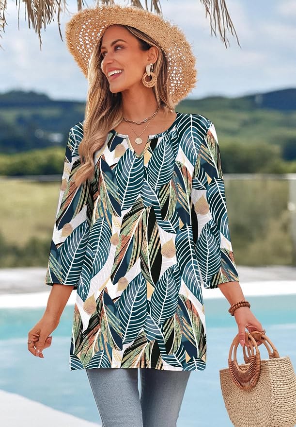 OFEEFAN Summer Boho Tops For Women 3/4 Length Sleeve Womens Tops Vacation Outfits - Image 3