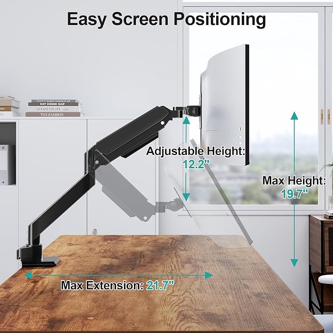 MOUNT PRO Heavy Duty Monitor Arm for 49 inch Ultrawide Screen up to 44 lbs, Single Desk Computer Mount Curved Monitor Stand for Samsung Odyssey G9, Adjustable Gas Spring VESA Mount 75x75 100x100 - Image 4