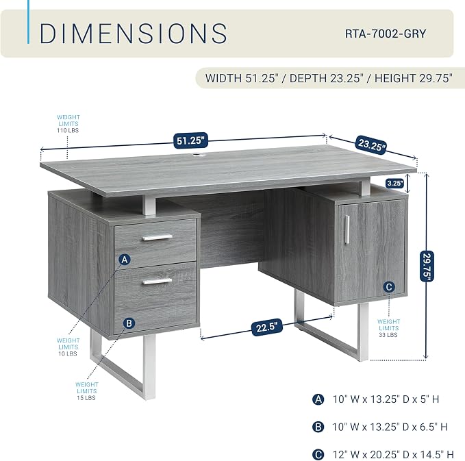 Techni Mobili Modern Office Desk with Storage, Gray - Image 3