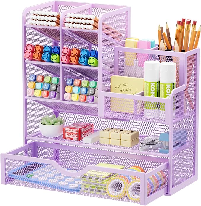 Marbrasse Mesh Pen Holder for Desk, Multi-Functional Pencil Organizer with Drawer, Desk Organizers and Accessories for Office Art Supplies (Purple) by Marbrasse