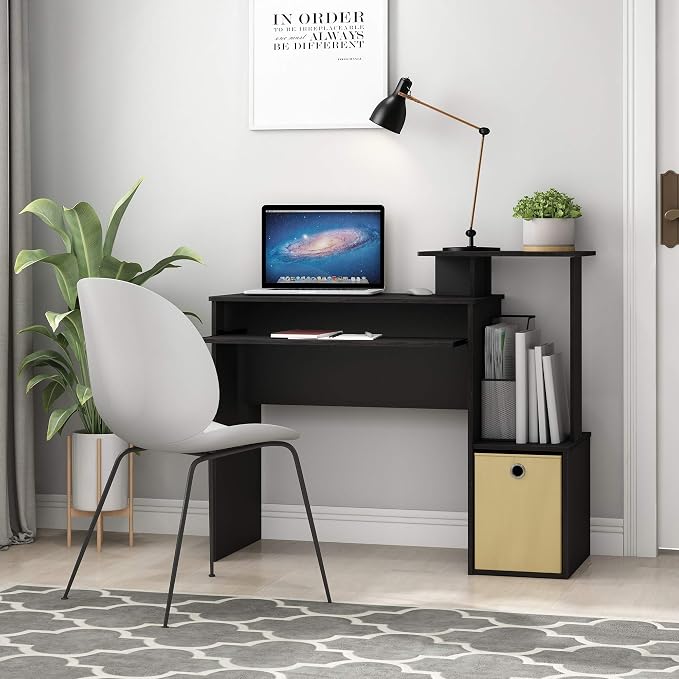 Furinno Econ 40-Inch Computer Desk Side Shelves, Office Desk with Keyboard Tray and Storage Bins, Rectangular Gaming Desk for Home Office, Bedroom, Study Room, Classic Black by Furinno-FitsYourSpaceFitsYourBudget