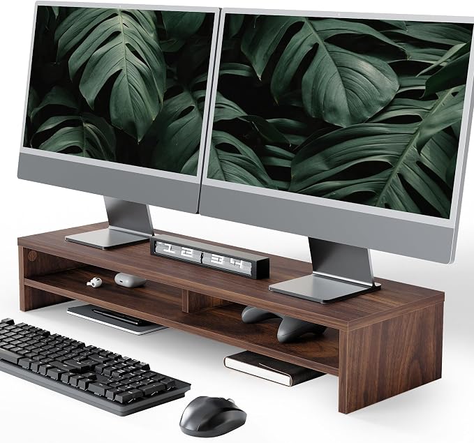 Fenge 31.5 Inch Dual Monitor Stand Riser for Desk, Brown | Wooden Desk Shelf, 2-Tier Open Storage Compartment, for PC Laptop Screen Printer, Home Office Desktop Organizer by Fenge