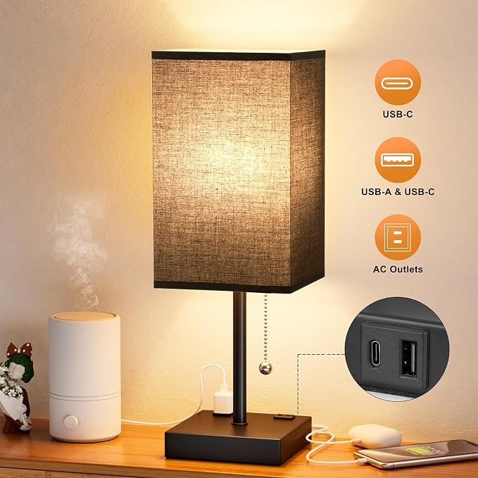 Black Lamp for Bedroom - 3 Color Temperatures, USB A+C, 2 AC Outlets | Pull Chain Switch, LED Bulb Included, Black Fabric Shade, 17.4" Table Lamp for Nightstand, Desk, Living Room, Office - Image 5