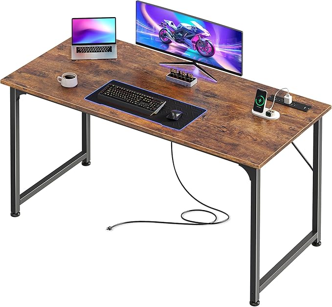 PRAISUN 47 X 20 Inch Computer Desk, Power Outlets, USB-C, Rustic Brown | Office Desk with 4 AC Outlets, USB & USB-C, Sturdy Metal Frame, Spacious Desktop for Work, Writing, Study & Gaming by PRAISUN