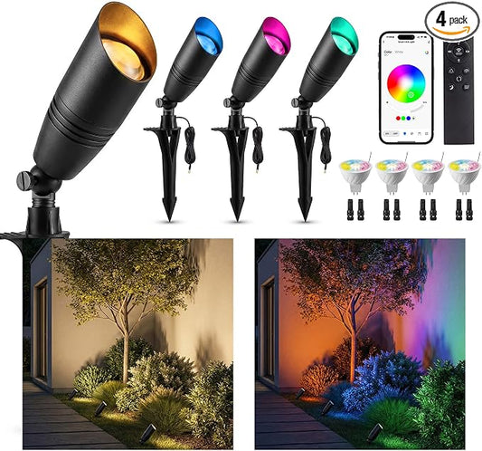 Smart RGBCW Low Voltage Landscape Lighting for Tree, 12v Outdoor Color Changing Spotlights, App & Remote Control, Replaceable Bulb, IP65 Waterproof, Transformer and Wire Not Included, 4 Pack by Varmtalys