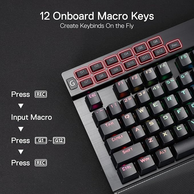 Redragon K550 RGB Gaming Keyboard, 104 Keys + 12 Macro G Keys Wired Mechanical Keyboard w/Aluminum Top Plate, Custom Clicky Purple Switch, Extra USB Port & Wrist Rest - Image 3