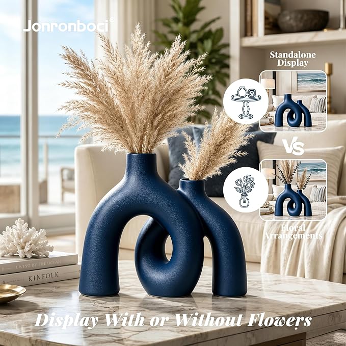 Hug Donut Decorative Vase Set - Navy Blue Vase, Modern Coastal Style Vases Home Decor, Matte Ceramic Decorations for Living Room Shelf, Bookshelf Mantle Entryway Table or Console Décor (Navy Blue) | Decorative Sculptural & Flower Vase for Living Room, ... - Image 5
