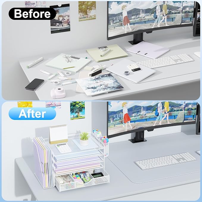 gianotter 5-Tier Desk Organizer with Drawers and File Holders | Letter Trays and Pen Holders - Workspace Accessories for Office Supplies (White) - Image 2