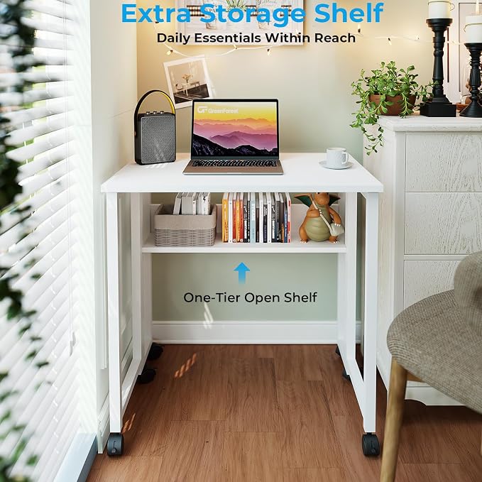 GreenForest Folding Desk with Wheels, 24.8" Rolling Table for Small Spaces | Storage Shelf, Lockable Casters, Compact Portable Workstation, Space-Saving Foldable Sofa Table, Home Office, Mobile, White - Image 5