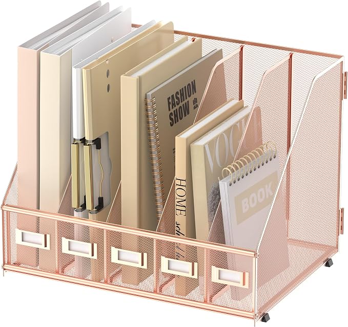 SUPEASY Desk Organizers Metal Desk Magazine File Holder with 5 Vertical Compartments Rack File Organizer for Office Desktop, Home Workspace, Rose Gold by SUPEASY