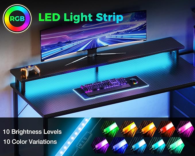 AODK Gaming Desk w/PC Showcase Stand, 59" Reversible, RGB LED, Black | Elevated stand fits Lian Li O11, Hyte Y60. Triple drawers hide cables, controllers, clutter - Image 4