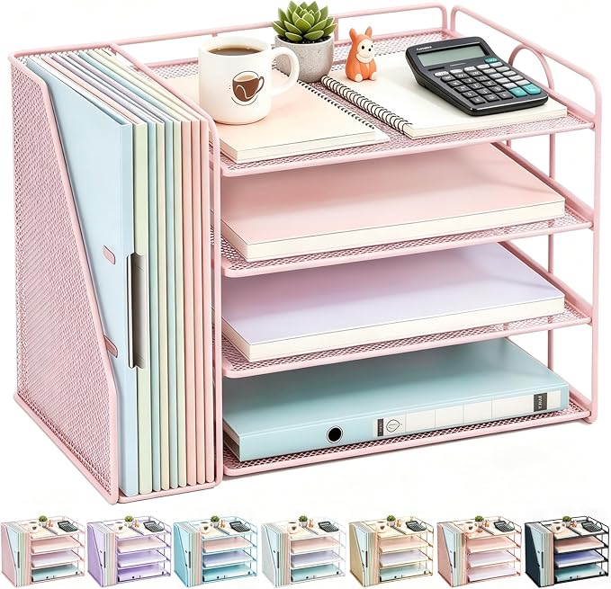 gianotter 4-Tier Paper Organizer With Magazine Holder | Desk Organizers and Accessories, File Organizer for Office Supplies Storag (Pink, 4-Tier) by gianotter
